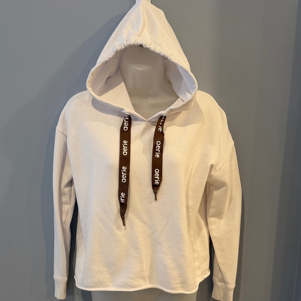 AERIE White Hoodie with Brown Spellout Drawstrings S